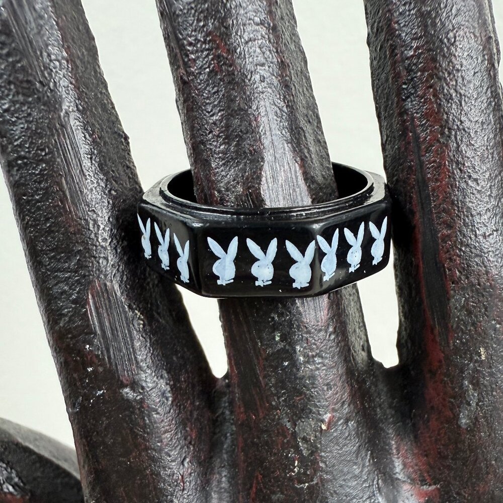 Black Enamel Playboy Bunny Ring Band Size 9